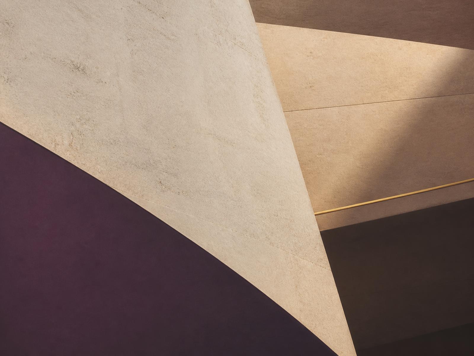Abstract architectural forms in plum, bone, and gold