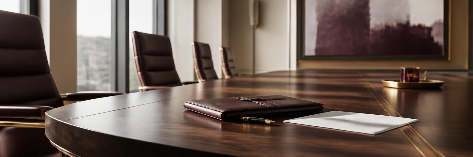 Sunlit boardroom table with a leather portfolio and prepared briefing documents