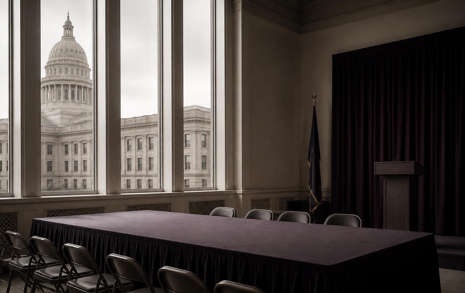 Empty state capitol briefing room with a podium and long table